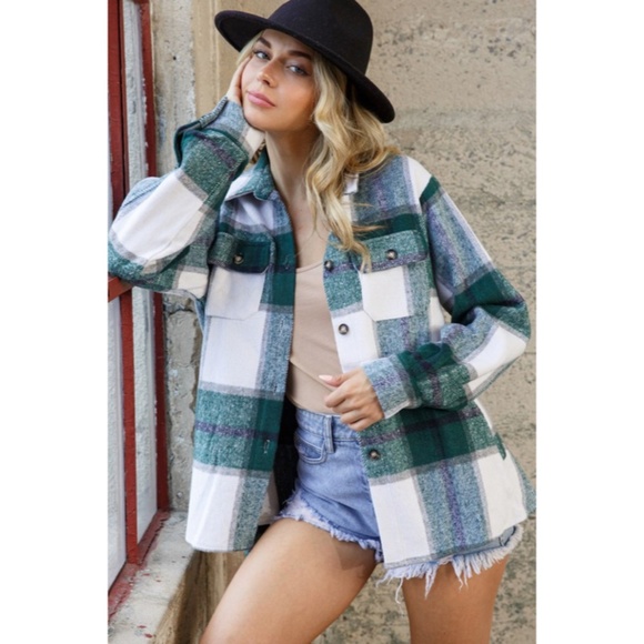 SOLD OUT Hunter Green Brushed Plaid Flannel Button Up Relaxed Shacket Jacket - Picture 5 of 5